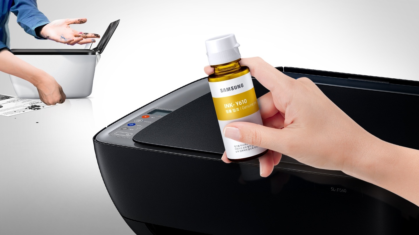 이미지 왼쪽 상단에는 비정품 잉크를 사용하여 손에 잉크가 묻은 이미지가 있고 이미지 오른쪽 하단에는 프린터 오른쪽에서 내려본 이미지와 정품 잉크를 손에 들고 있는 정면 이미지가 있습니다.