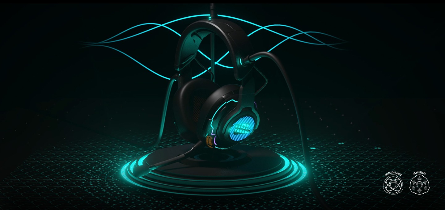 퀀텀 one이 올려져있고 음파효과가 나오고있습니다. 우하단에  스피어 360 오디오 아이콘과 3D 서라운드 아이콘이 보입니다.