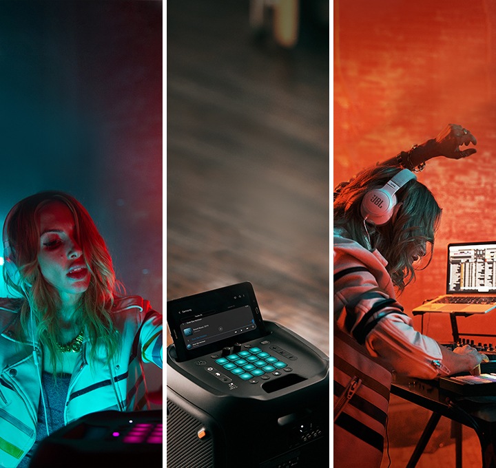 왼쪽에는 파란 조명에서 디제잉을 하는 여성이 있습니다. 가운데에는 PARTYBOX1000 상단 이미지가 보입니다. 오른쪽에는 붉은 조명에서 디제인을 하는 여성이 있습니다.