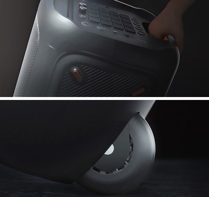 왼쪽에는 PARTYBOX1000 상단 손잡이 확대 이미지입니다. 오른쪽은 PARTYBOX1000 바퀴 확대 이미지입니다.