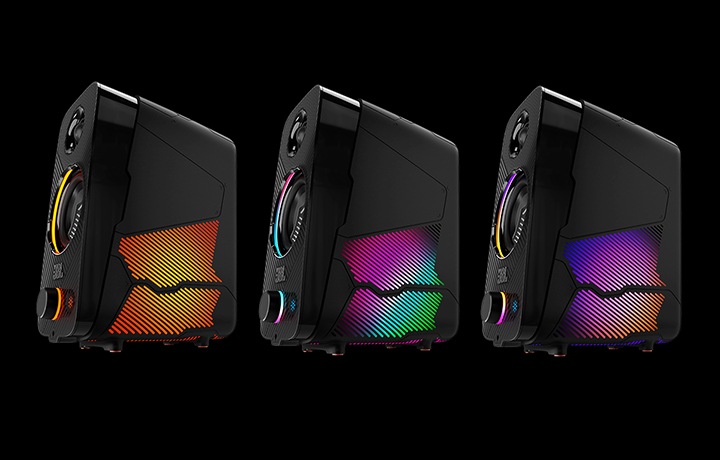 Quantum DUO 제품의 측면과 다양한 라이팅 효과를 볼 수 있습니다.