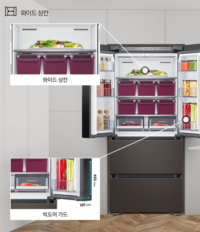 상칸 문이 열린 제품이미지가 보여지고, 상칸 내부에 각 공간에 대한 확대 이미지와 설명이 보여집니다.
