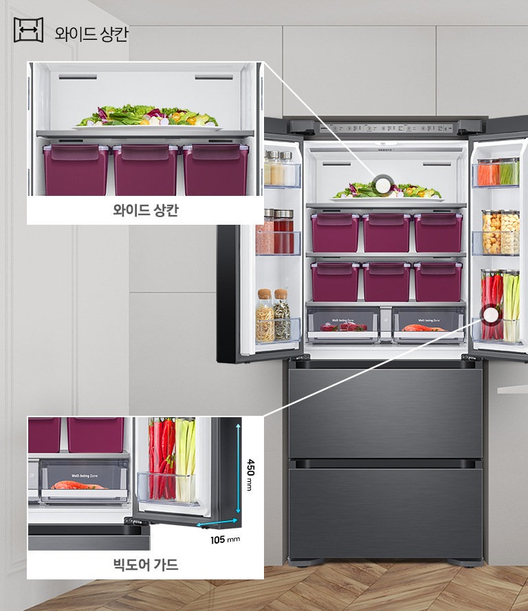 상칸 문이 열린 제품이미지가 보여지고, 상칸 내부에 각 공간에 대한 확대 이미지와 설명이 보여집니다.