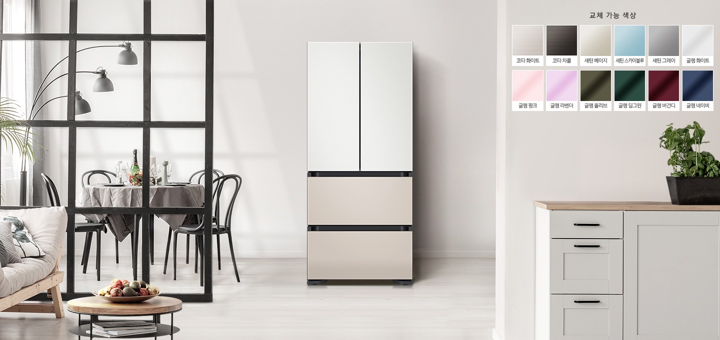 플랫한 디자인으로 모던하고 트렌디한 주방으로 인테리어 되어 있는 이미지입니다.