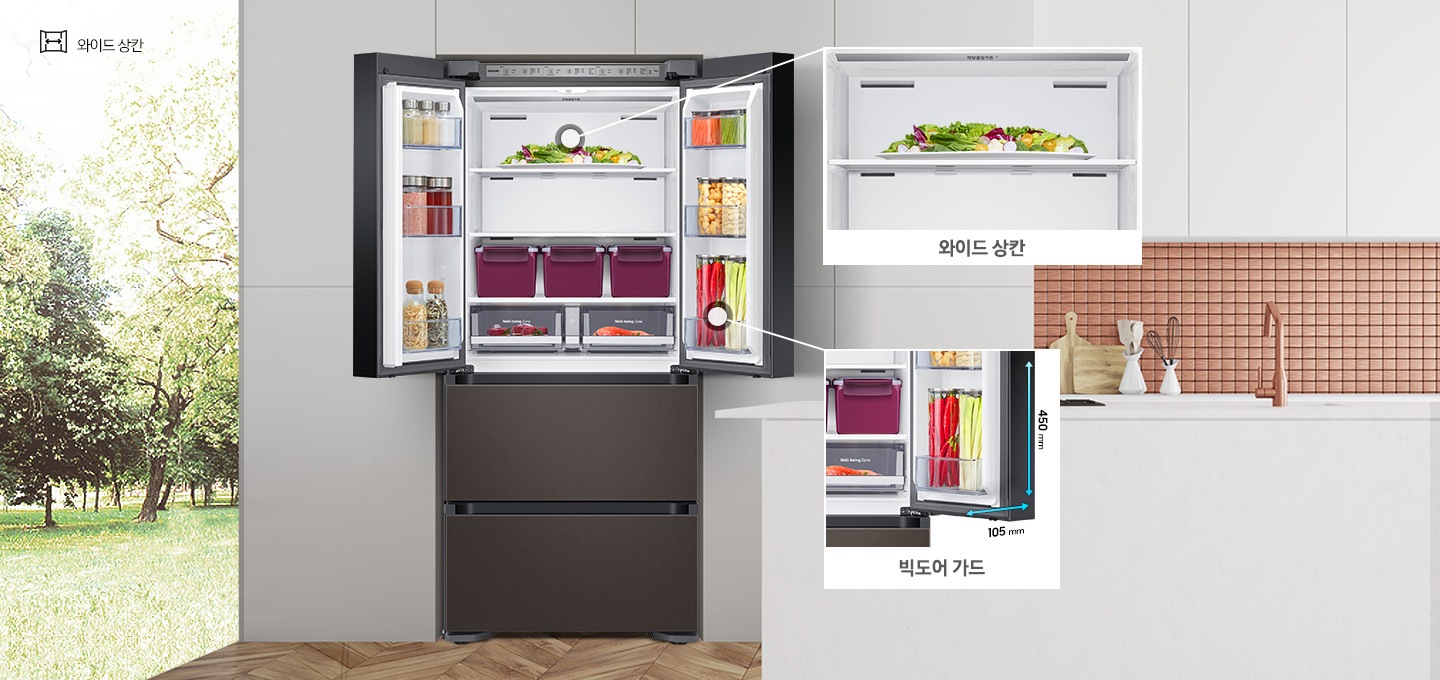 상칸 문이 열린 제품이미지가 보여지고, 상칸 내부에 각 공간에 대한 확대 이미지와 설명이 보여집니다.