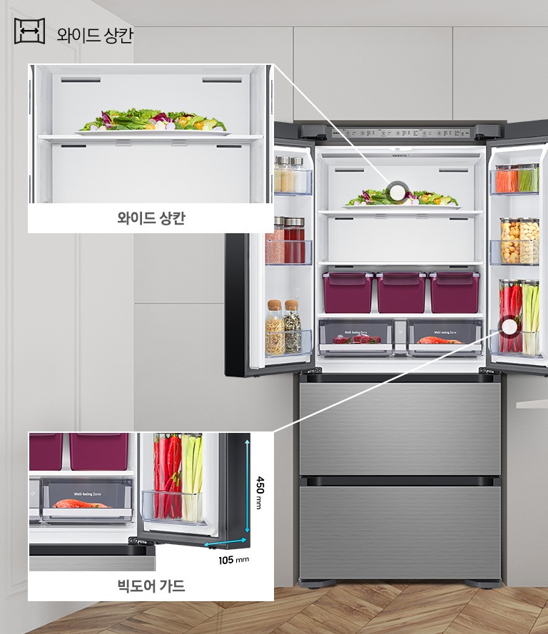 상칸 문이 열린 제품이미지가 보여지고, 상칸 내부에 각 공간에 대한 확대 이미지와 설명이 보여집니다.