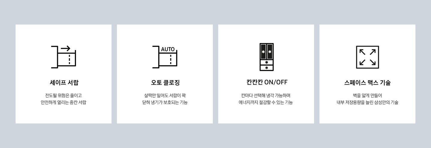  세이프 서랍, 오토클로징, 칸칸칸on/off, 스페이스 맥스 기술을 나타내는 아이콘과 텍스트가 보여집니다.