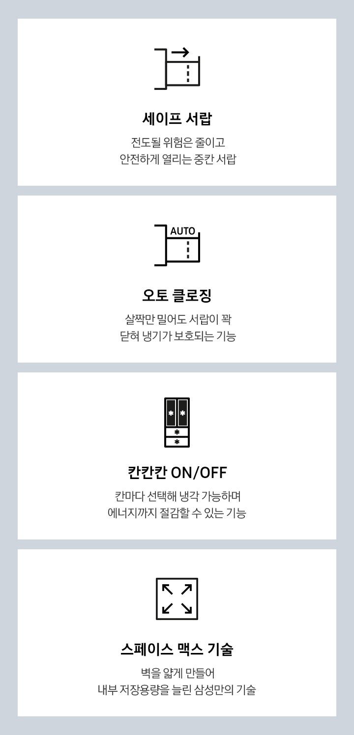  세이프 서랍, 오토클로징, 칸칸칸on/off, 스페이스 맥스 기술을 나타내는 아이콘과 텍스트가 보여집니다.