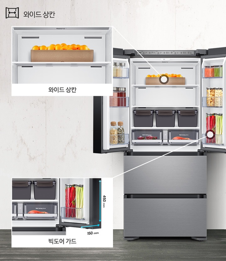 상칸 문이 열린 제품이미지가 보여지고, 상칸 내부에 각 공간에 대한 확대 이미지와 설명이 보여집니다.