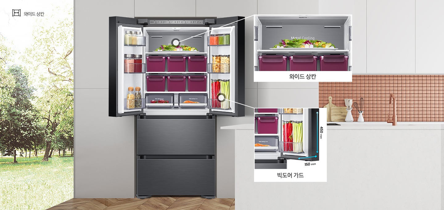 상칸 문이 열린 제품이미지가 보여지고, 상칸 내부에 각 공간에 대한 확대 이미지와 설명이 보여집니다.