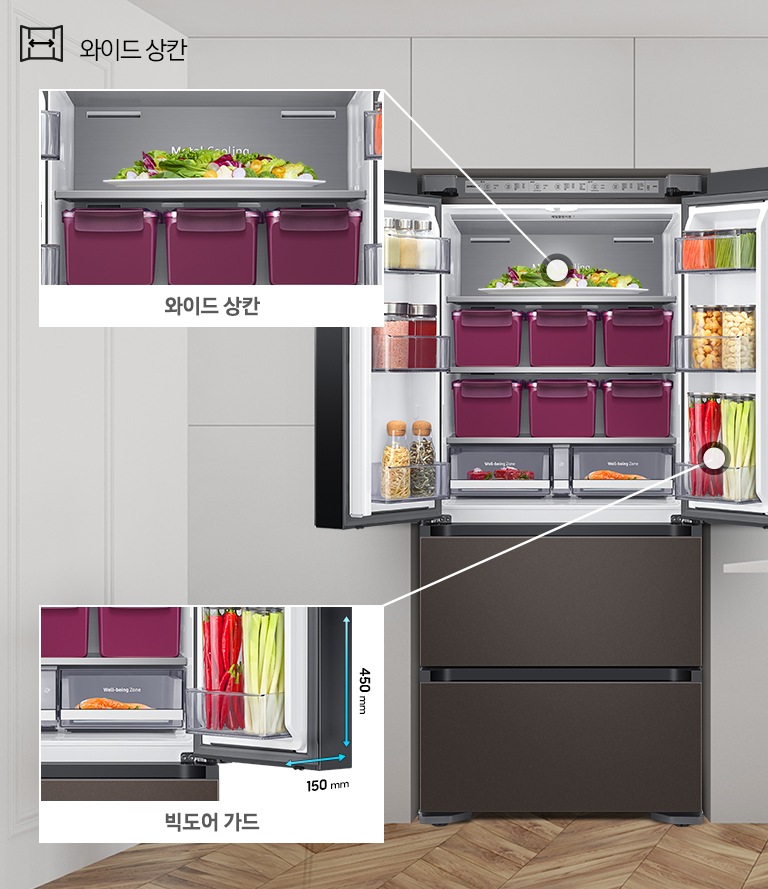 상칸 문이 열린 제품이미지가 보여지고, 상칸 내부에 각 공간에 대한 확대 이미지와 설명이 보여집니다.