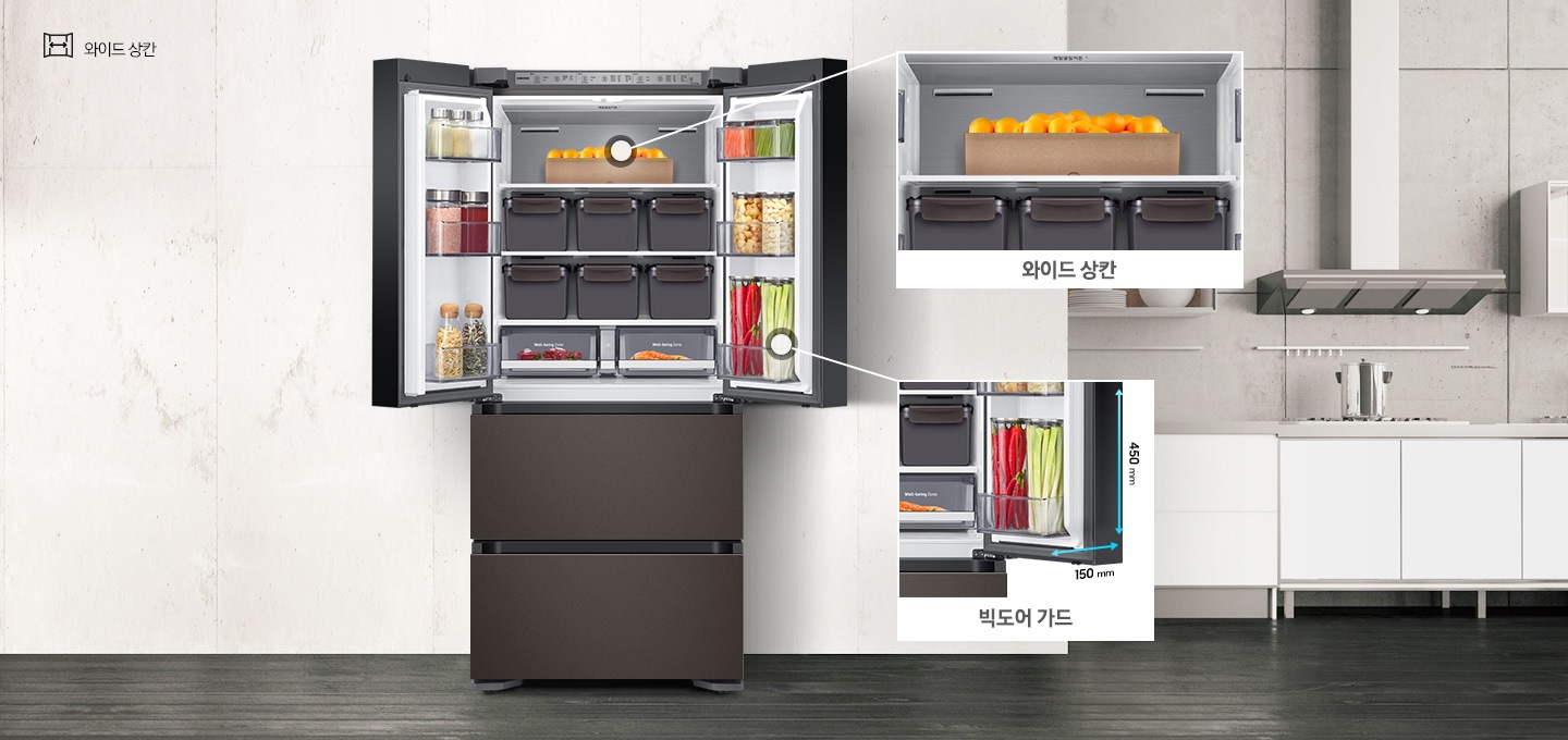 상칸 문이 열린 제품이미지가 보여지고, 상칸 내부에 각 공간에 대한 확대 이미지와 설명이 보여집니다.