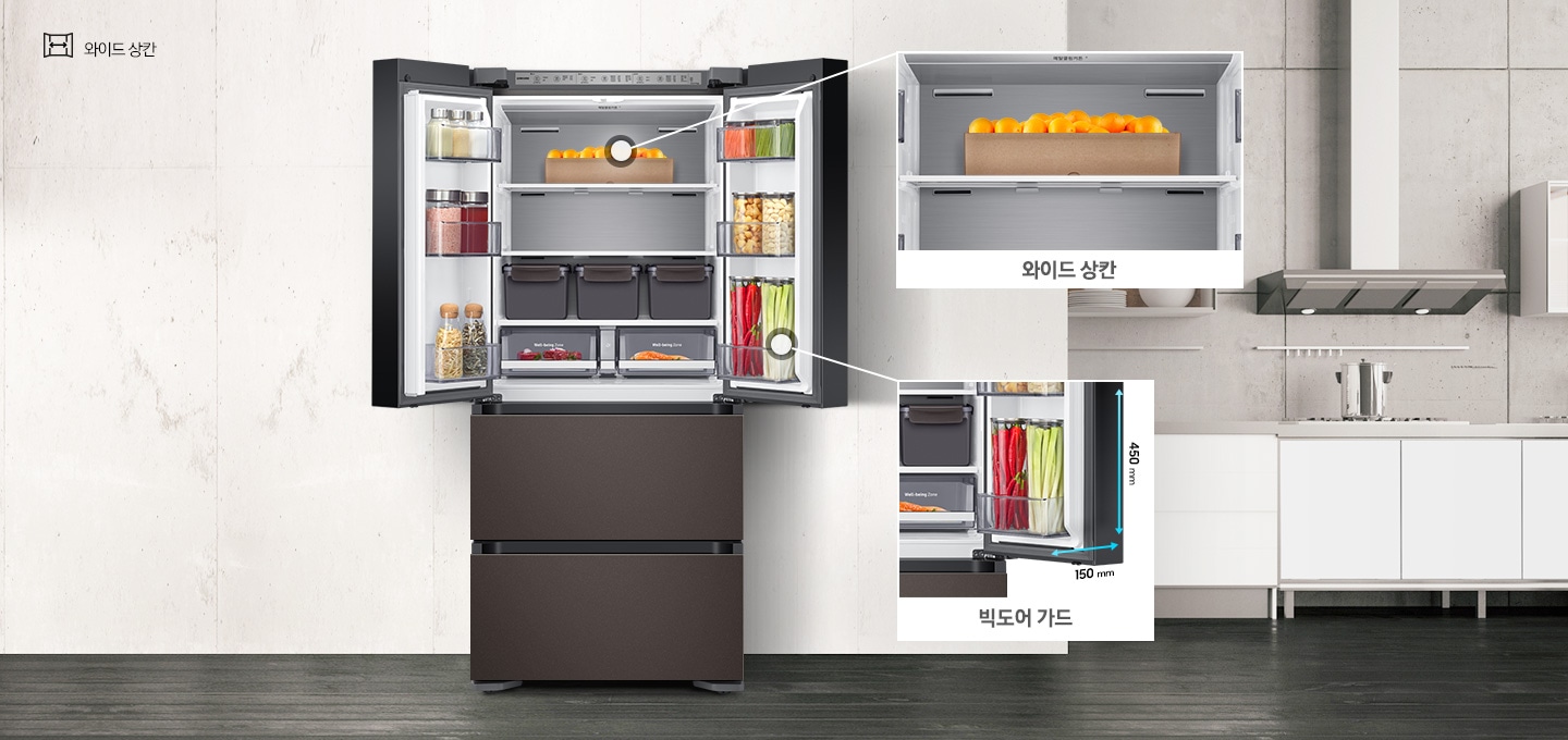 상칸 문이 열린 제품이미지가 보여지고, 상칸 내부에 각 공간에 대한 확대 이미지와 설명이 보여집니다.