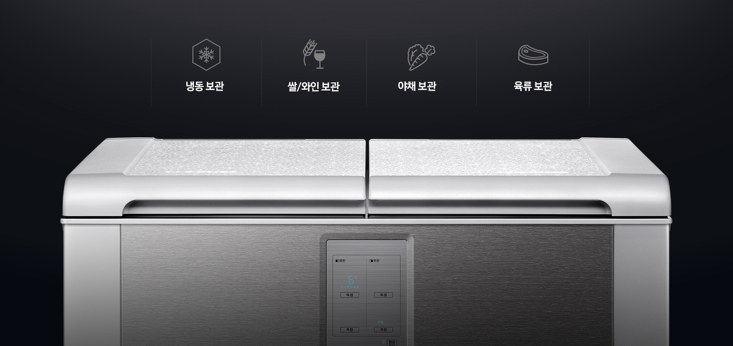 문이 닫힌 김치냉장고와 냉동보관, 쌀/와인보관, 야채보관, 육류보관을 나타내는 아이콘과 텍스트가 보여집니다.