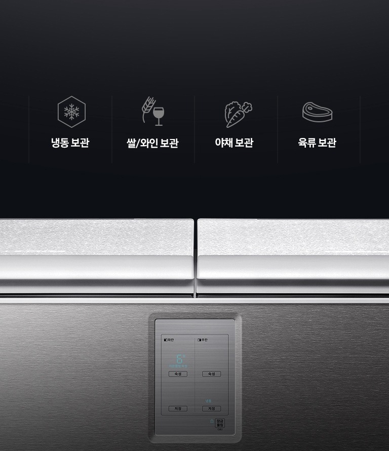 문이 닫힌 김치냉장고와 냉동보관, 쌀/와인보관, 야채보관, 육류보관을 나타내는 아이콘과 텍스트가 보여집니다.