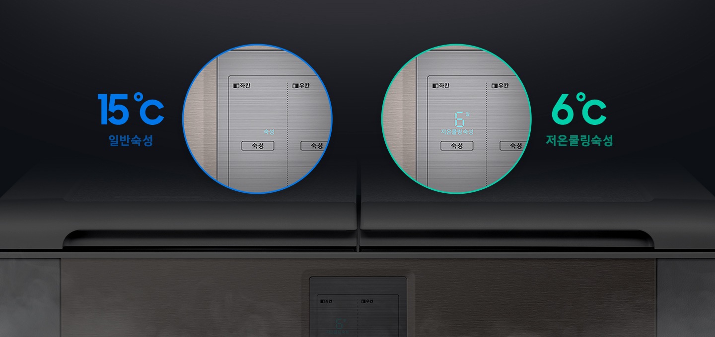 문이 닫힌 김치냉장고가 보이고 일반숙성모드와 저온쿨링숙성 모드시의 조작부 확대된 모습과 아이콘이 보여집니다.