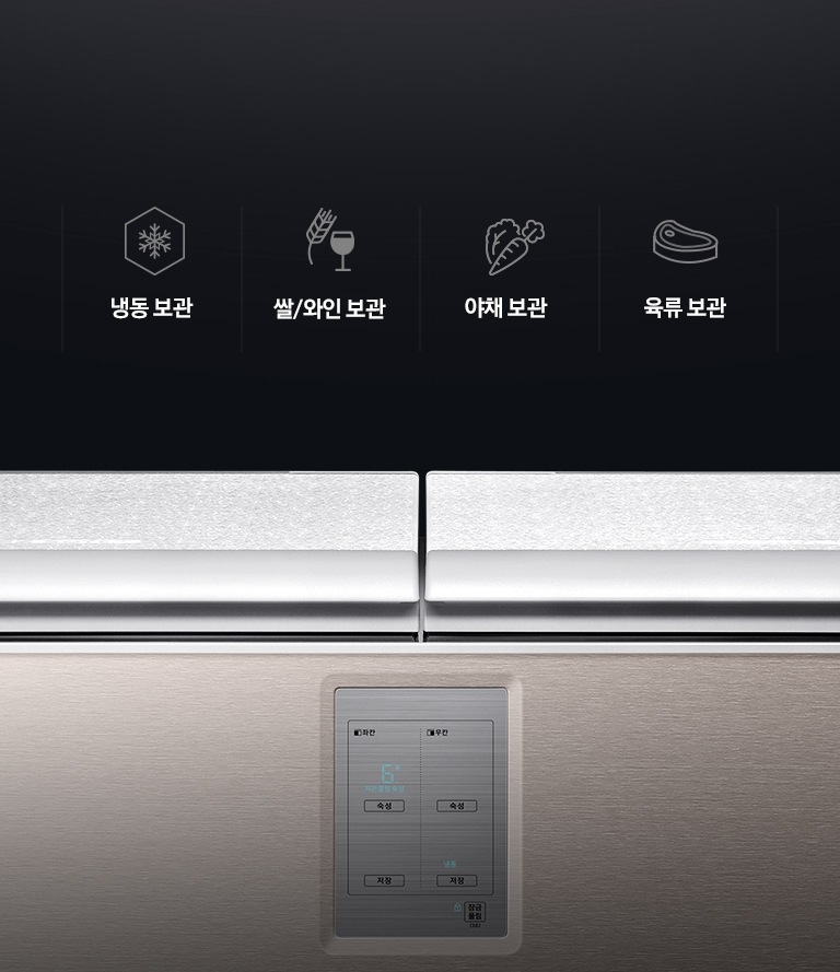 문이 닫힌 김치냉장고와 냉동보관, 쌀/와인보관, 야채보관, 육류보관을 나타내는 아이콘과 텍스트가 보여집니다.