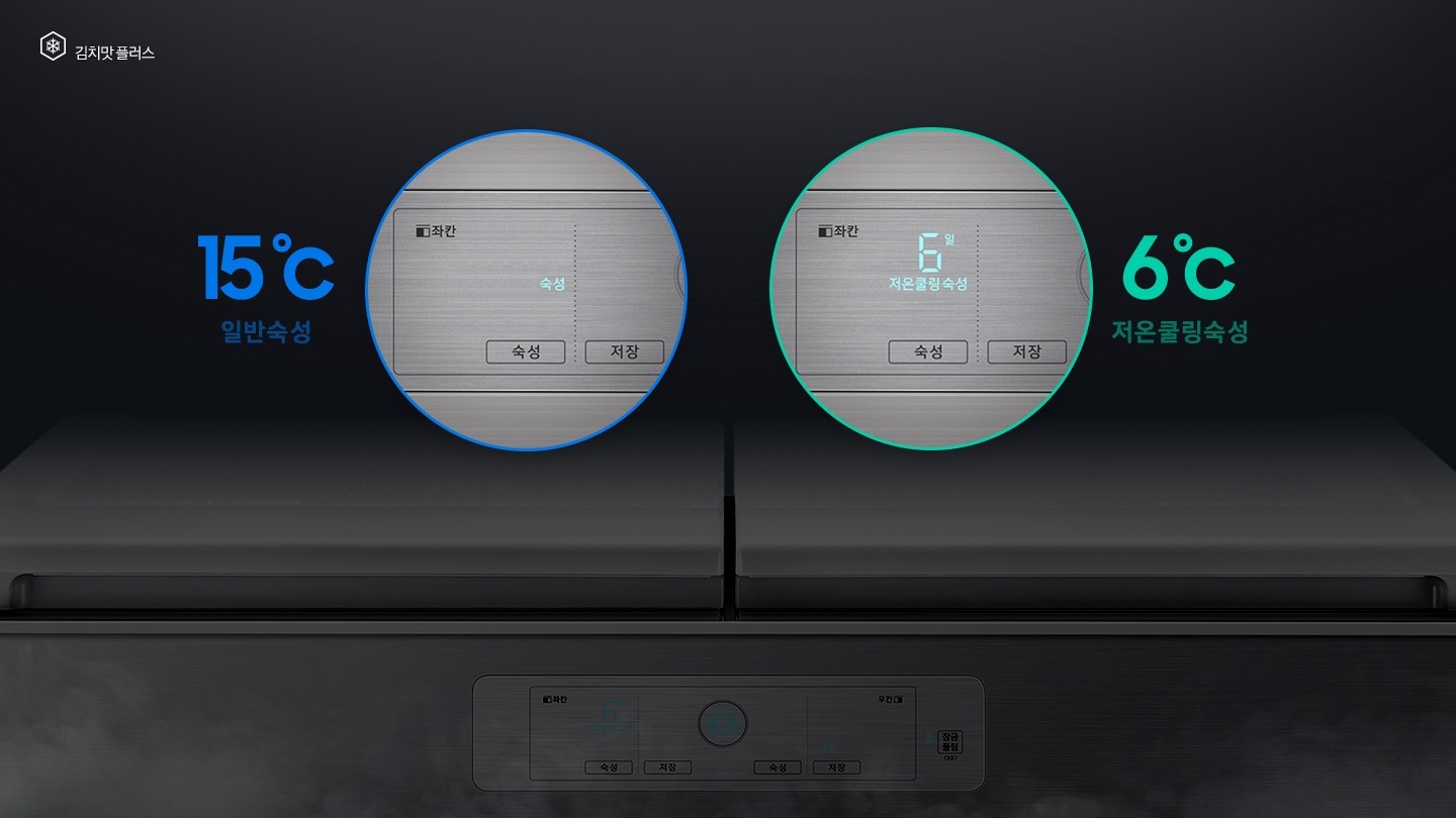문이 닫힌 김치냉장고가 보이고 일반숙성모드와 저온쿨링숙성 모드시의 조작부 확대된 모습과 아이콘이 보여집니다.