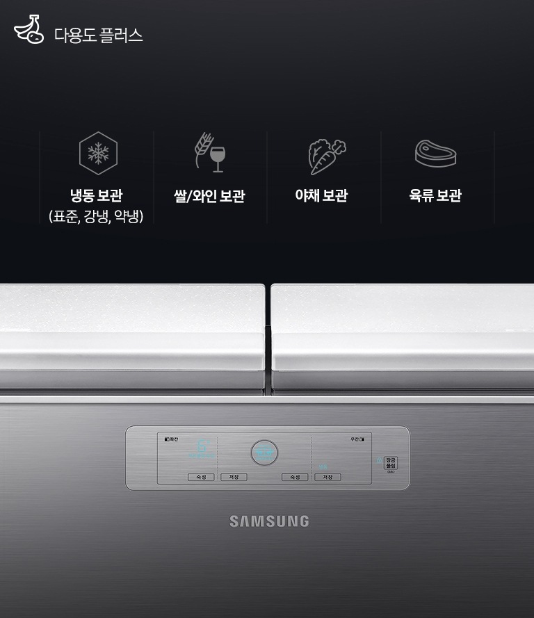 문이 닫힌 김치냉장고와 냉동보관, 쌀/와인보관, 야채보관, 육류보관을 나타내는 아이콘과 텍스트가 보여집니다.