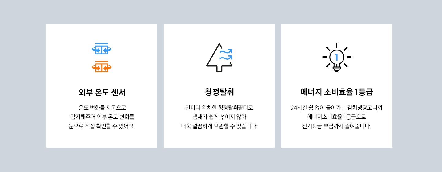 외부온도센서, 청정탈취, 에너지소비효율1등급을 나타내는 아이콘과 텍스트가 보여집니다.