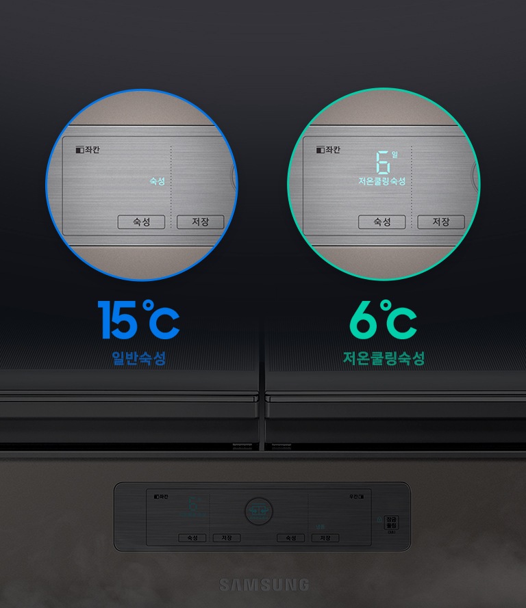 문이 닫힌 김치냉장고가 보이고 일반숙성모드와 저온쿨링숙성 모드시의 조작부 확대된 모습과 아이콘이 보여집니다.