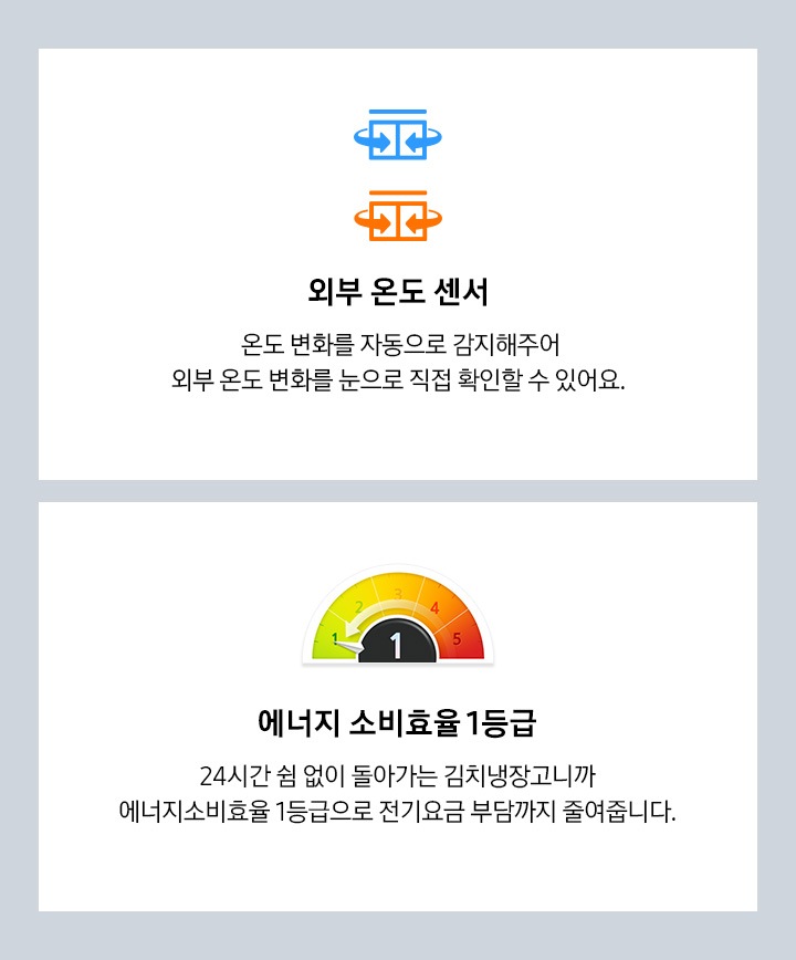 외부온도센서, 에너지소비효율1등급을 나타내는 아이콘과 텍스트가 보여집니다.