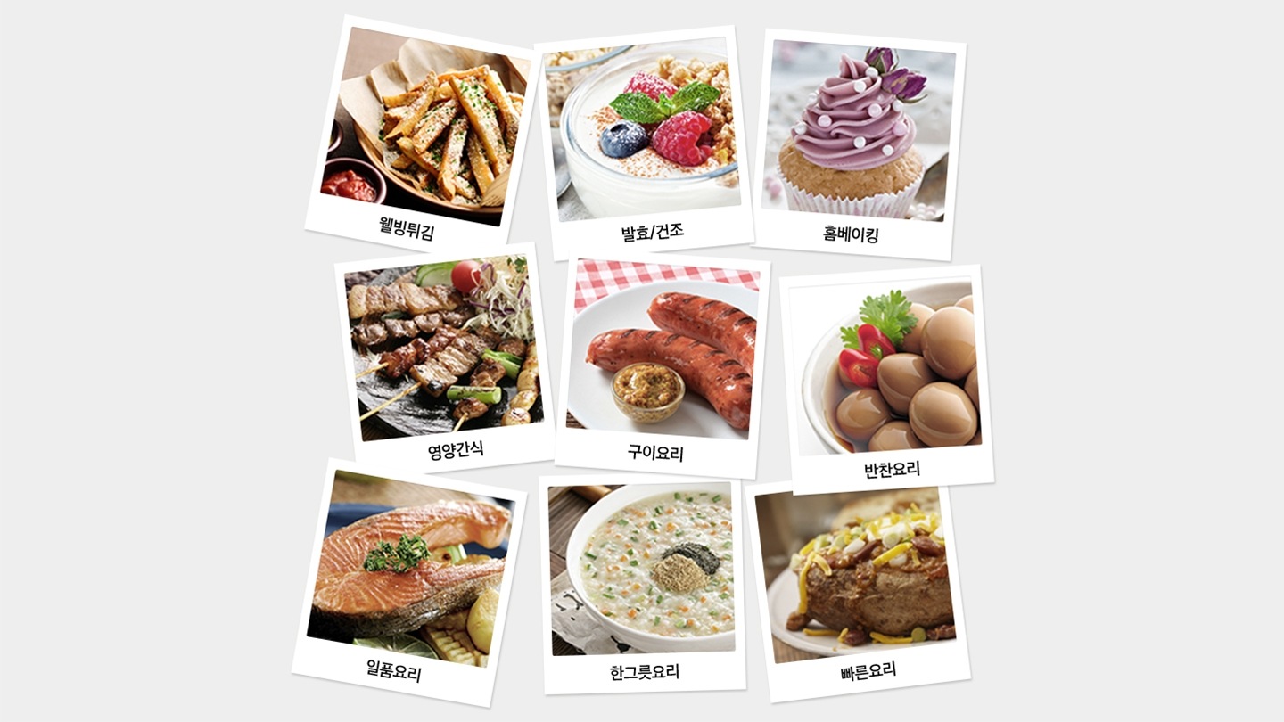 웰빙튀김, 발효/건조, 홈베이킹, 핫블라스트 요리, 영양간식, 구이요리, 반찬요리, 일품요리, 한그릇요리, 빠른요리 이미지가 있습니다.