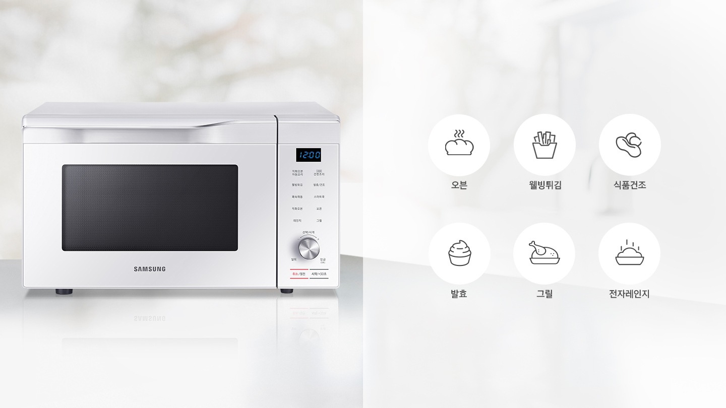 직화오븐 제품의 모습과 오른쪽에 오븐,  웰빙튀김, 식품건조, 발효, 그릴, 전자레인지를 나타내는 아이콘과 텍스트의 모습이 보여집니다.