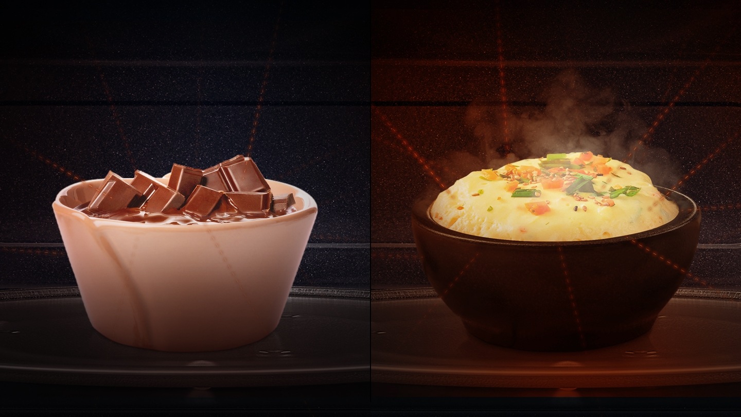 왼쪽에는 그릴 내부에서 초콜렛이 낮은 출력으로 녹고 있는 모습과 오른쪽에는 그릴 내부에서 계란찜이 높은 출력으로 익어가는 모습이 보여집니다.