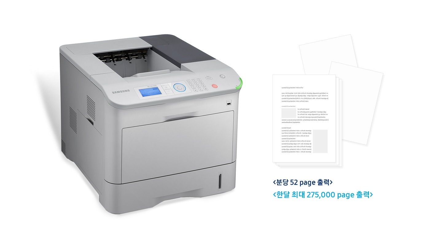 ML-5515ND 제품이 보이고 있습니다. 분당 52 페이지 출력 한달 최대 275,000 페이지 출력