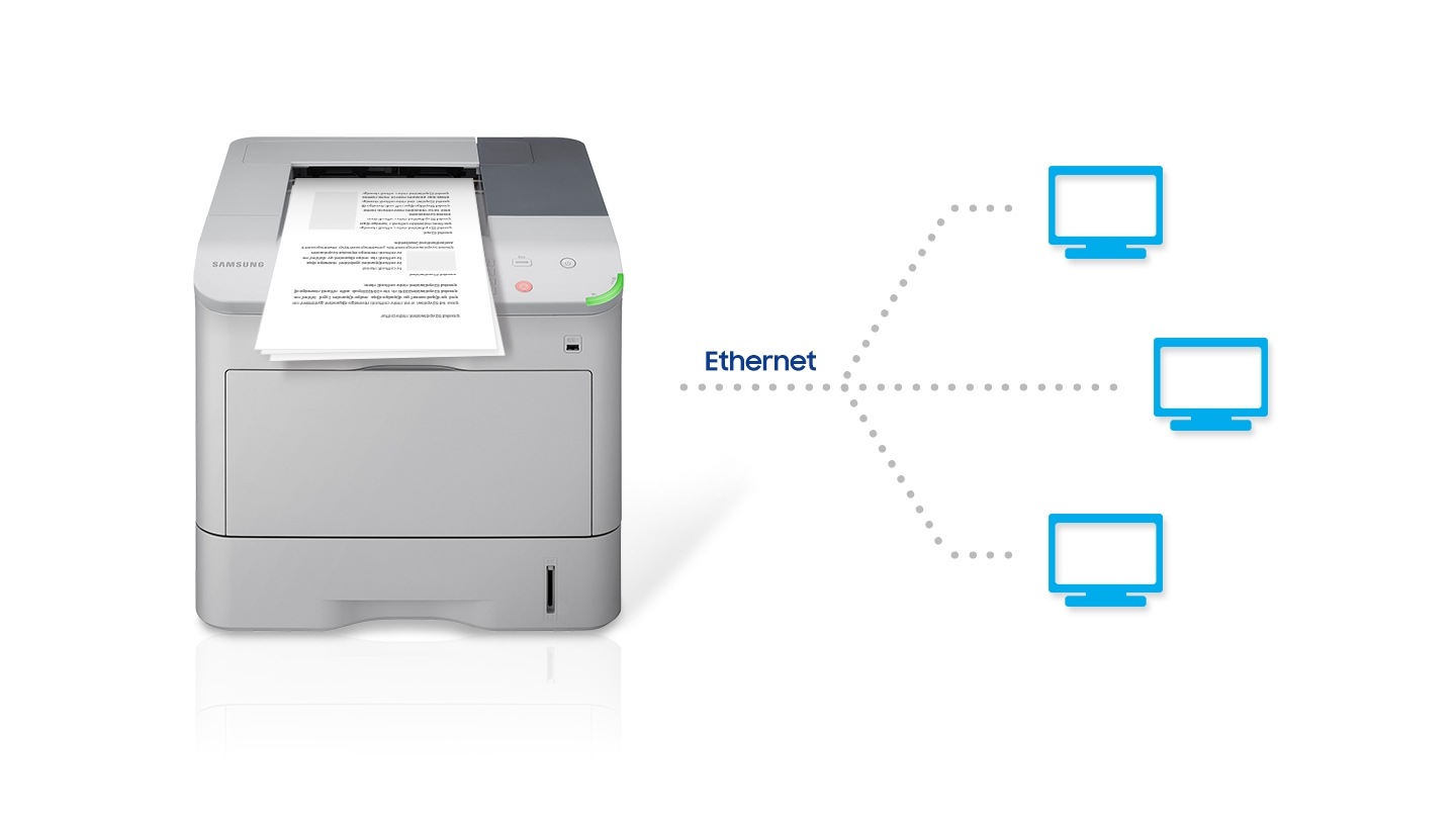 이미지의 왼쪽 부분에 흑백 레이저 프린터 52 ppm 제품이 출력물을 출력하고 있는 정면 이미지가 있고 이미지 오른쪽 부분에는 Ethernet 텍스트가 적혀 있으며 모니터 아이콘 3개 위에서 아래로 나열되어 있습니다. 프린터에서 오른쪽 부분에서 점선이 나와 모니터 아이콘 왼쪽 부분에 연결되어 있습니다.