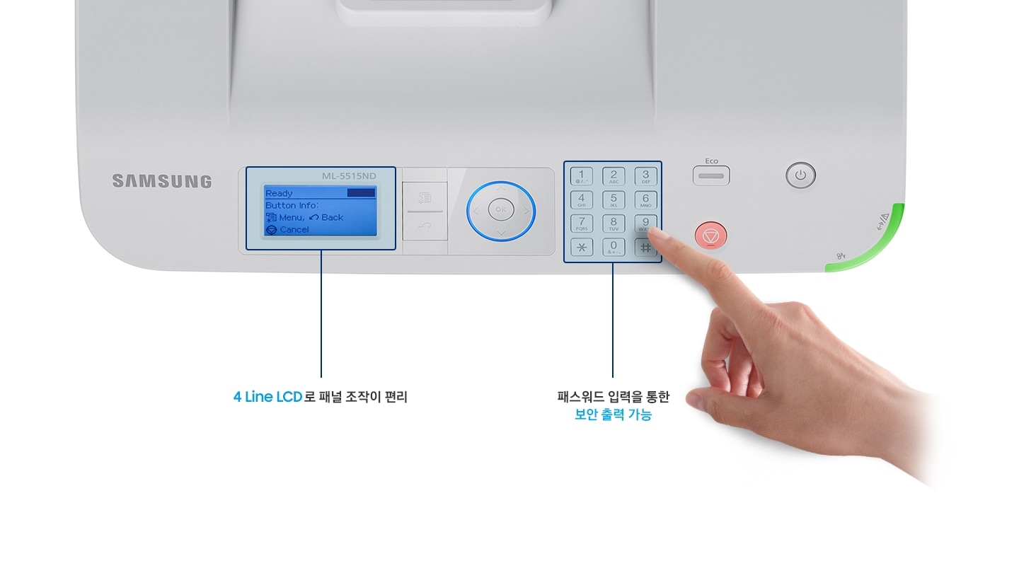 ML-5515ND 제품의 조작부가 확대되어 보이고 있습니다.
