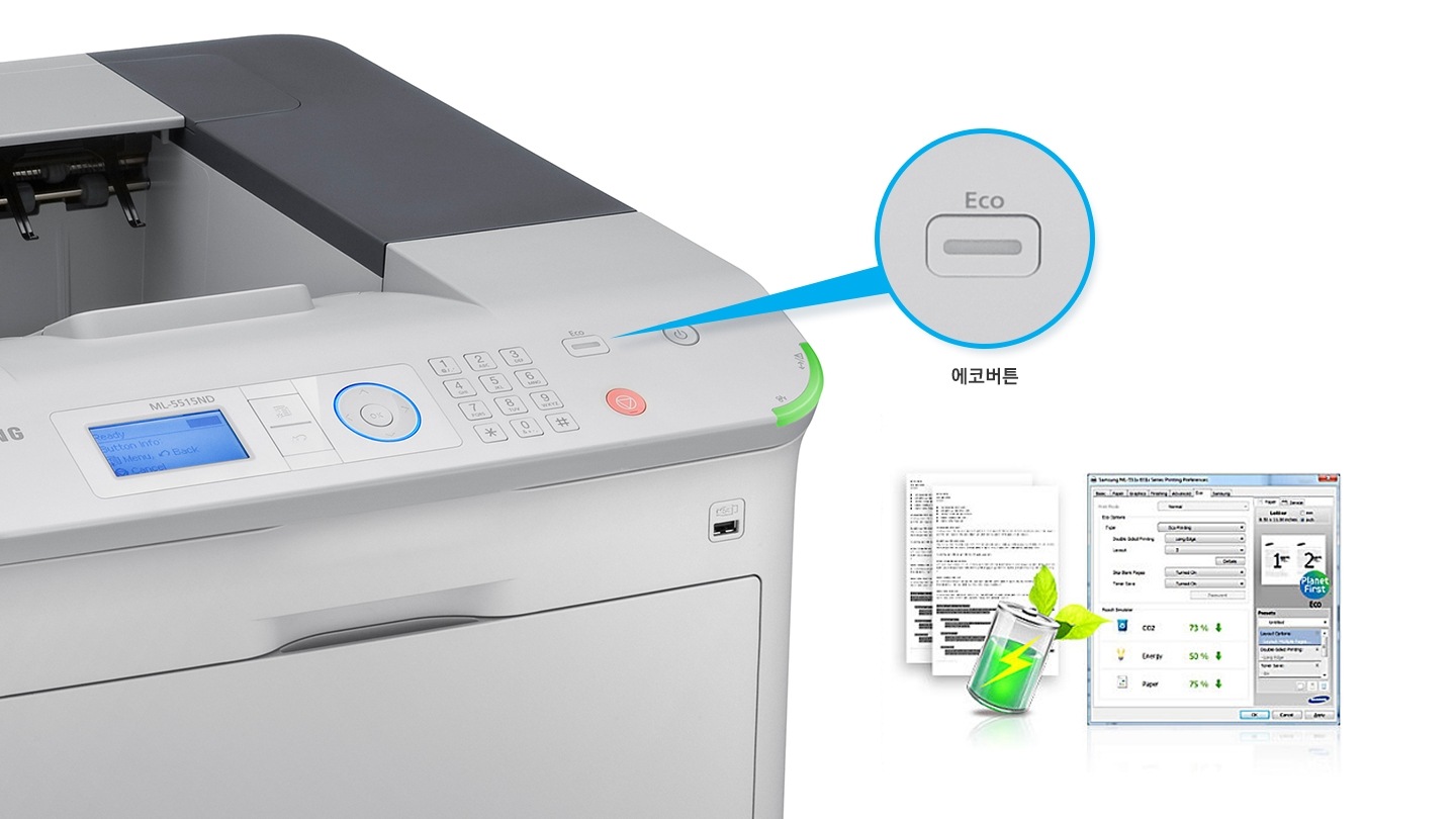 ML-5515ND 제품의 조작부 버튼 중 에코버튼이 확대되어 보이고 있습니다.