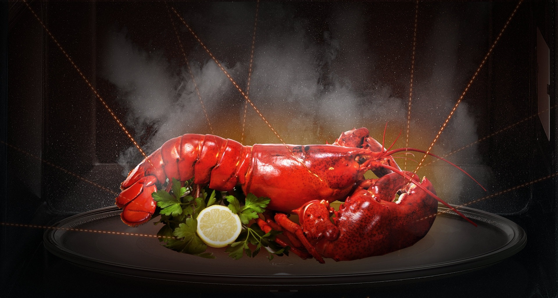 세라믹 전자레인지 내부에 랍스타가 놓여져 있고, 3면 입체방향으로 고주파가 방출되어 익혀지는 모습이 보입니다.