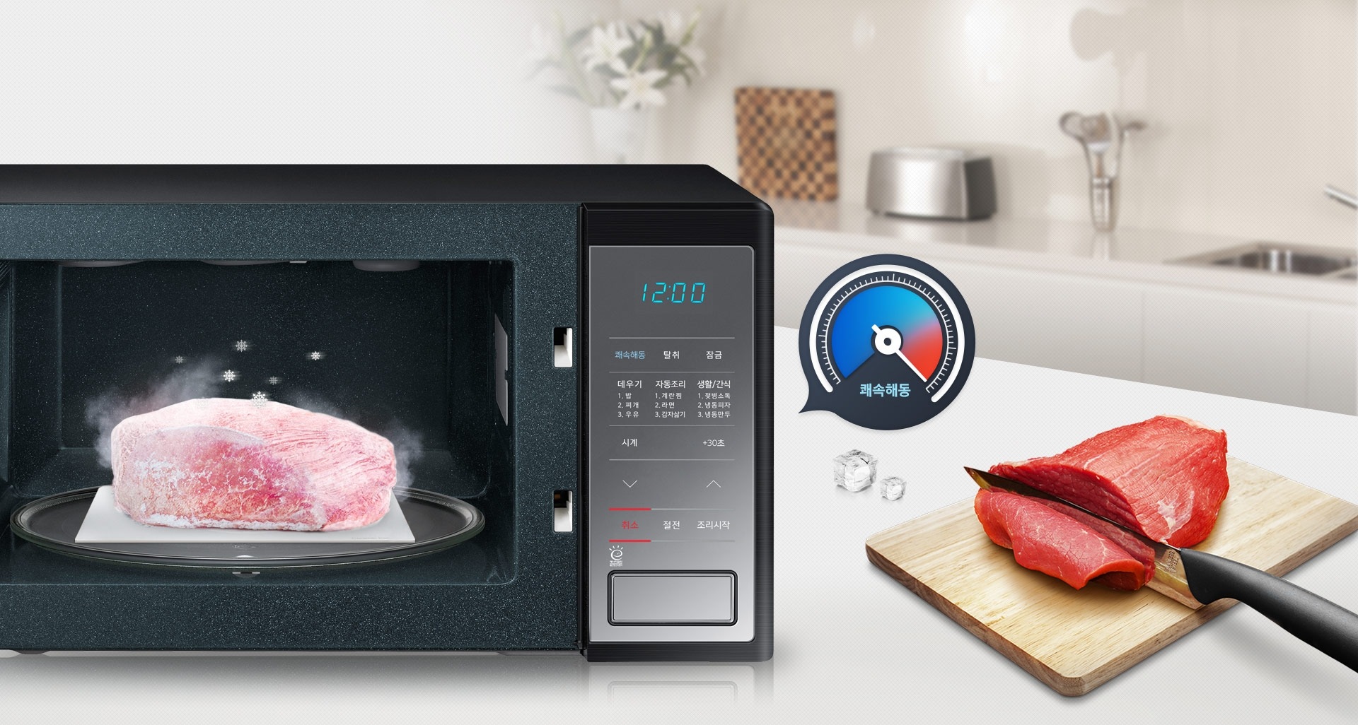 좌측은 냉동고기를 해동중인 이미지이며, 우측은 빠른 속도로 해동완료된 고기의 모습을 보여주고 있습니다.