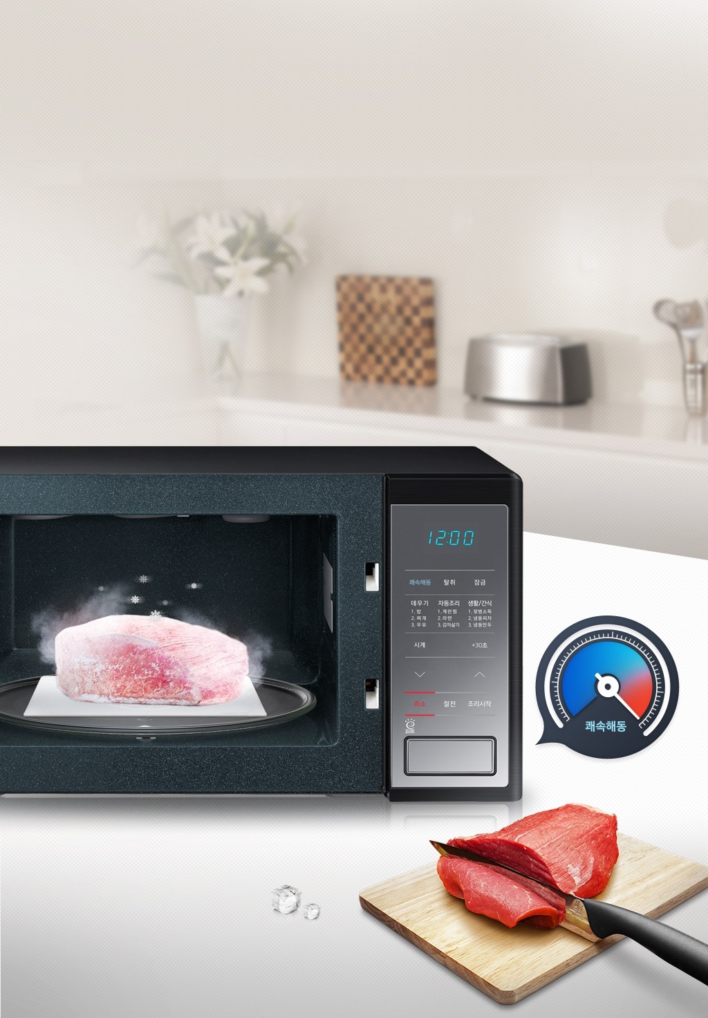 좌측은 냉동고기를 해동중인 이미지이며, 우측은 빠른 속도로 해동완료된 고기의 모습을 보여주고 있습니다.