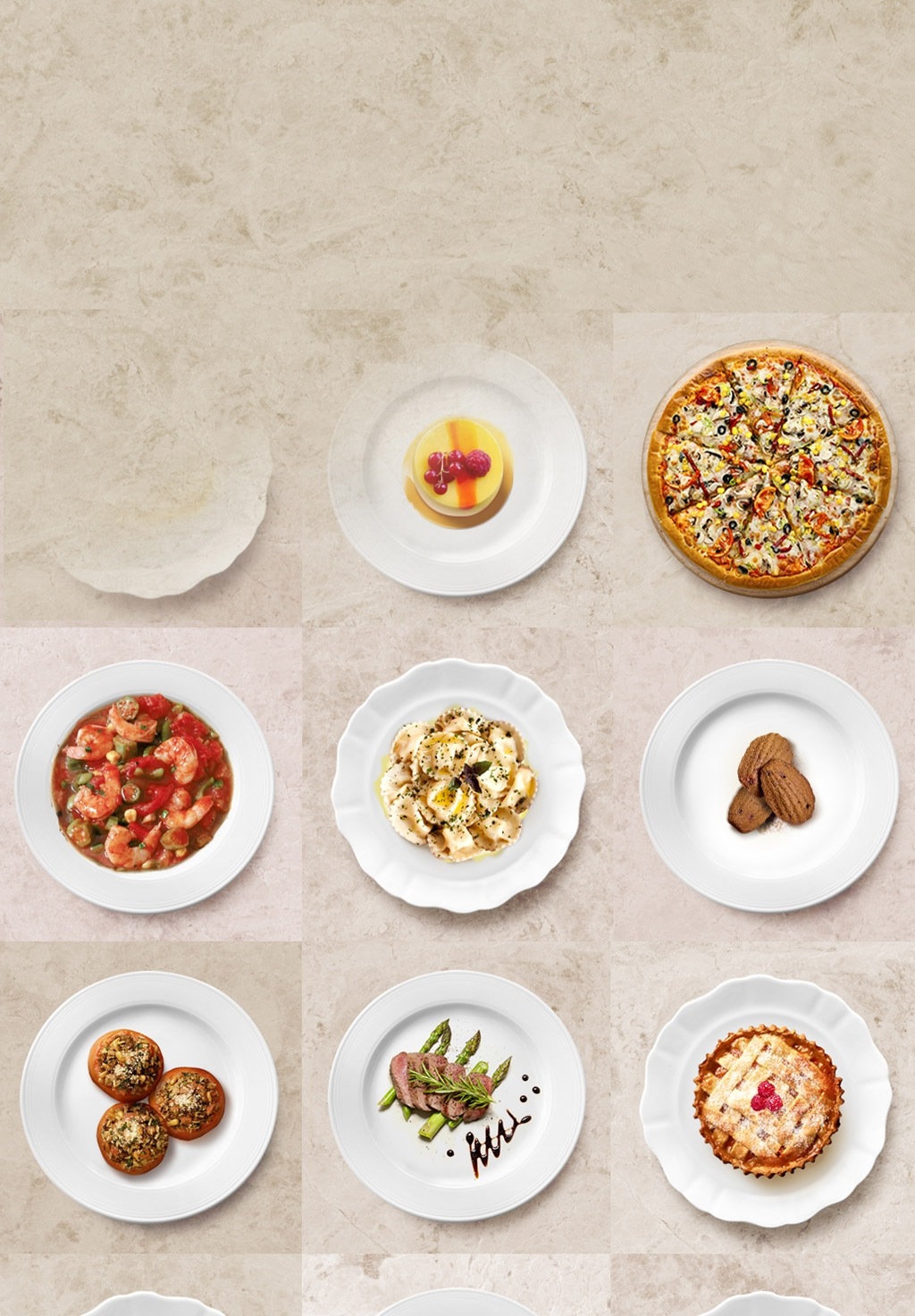 간단한 조리가 가능한 냉동 피자, 구이류, 감자 등의 요리가 그릇에 놓여져 있습니다.