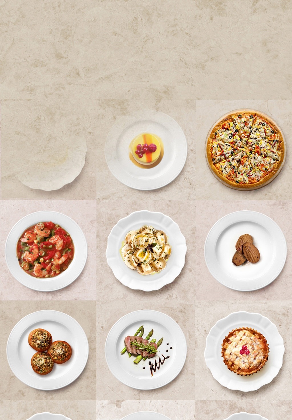 간단한 조리가 가능한 냉동 피자, 구이류, 감자 등의 요리가 그릇에 놓여져 있습니다.