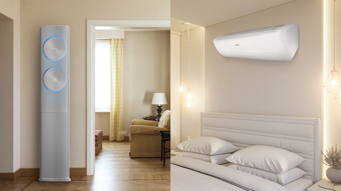 좌측에는 거실에 설치되어 있는 스탠드 에어컨이 보여지고 있으며, 우측에는 침실에 설치되어 있는 벽걸이 에어컨이 보여지고 있습니다.