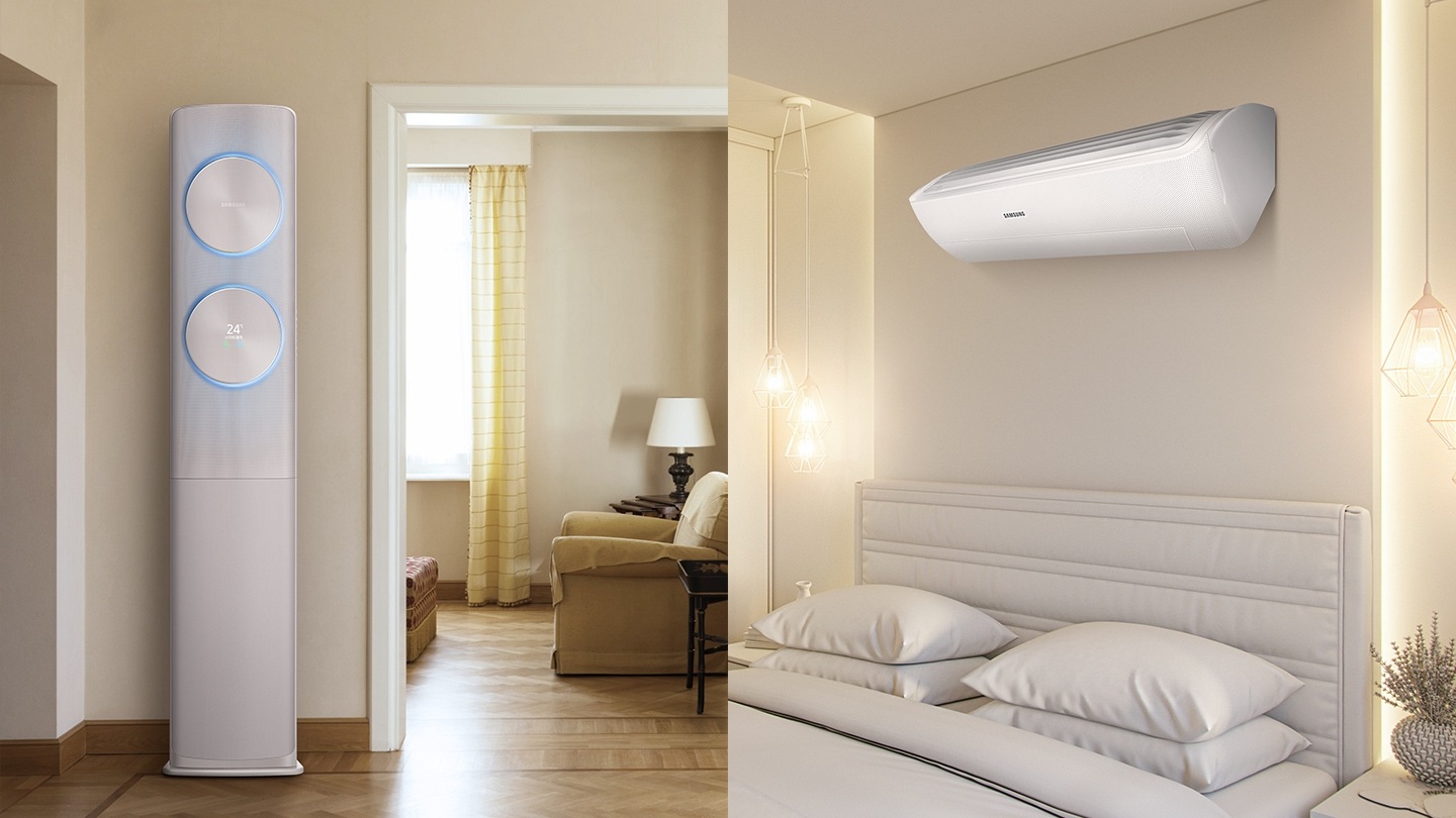 좌측에는 거실에 설치되어 있는 스탠드 에어컨이 보여지고 있으며, 우측에는 침실에 설치되어 있는 벽걸이 에어컨이 보여지고 있습니다.