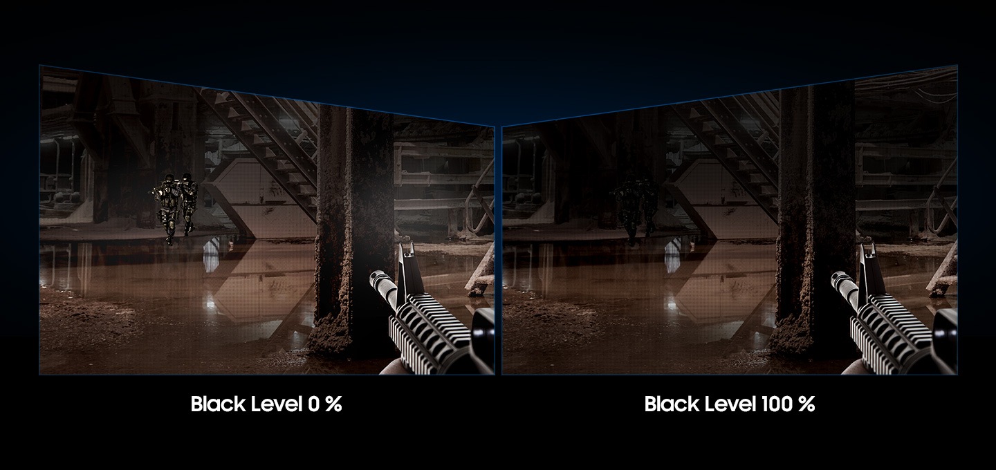 왼쪽에는 블랙 레벨 값이 0 %인 밝은 화면이 보이고 오른쪽에는 블랙 레벨 값이 100 %인 어두운 화면이 보입니다.