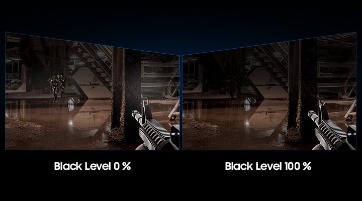 왼쪽에는 블랙 레벨 값이 0 %인 밝은 화면이 보이고 오른쪽에는 블랙 레벨 값이 100 %인 어두운 화면이 보입니다.