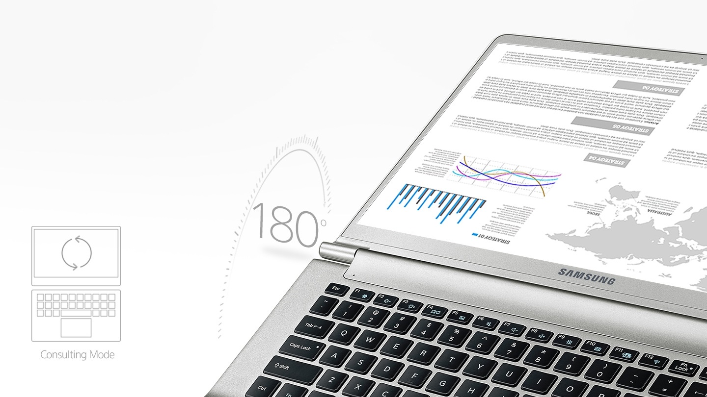 노트북이 180도 열려있고 왼쪽에 consulting mode 문구가 있습니다.