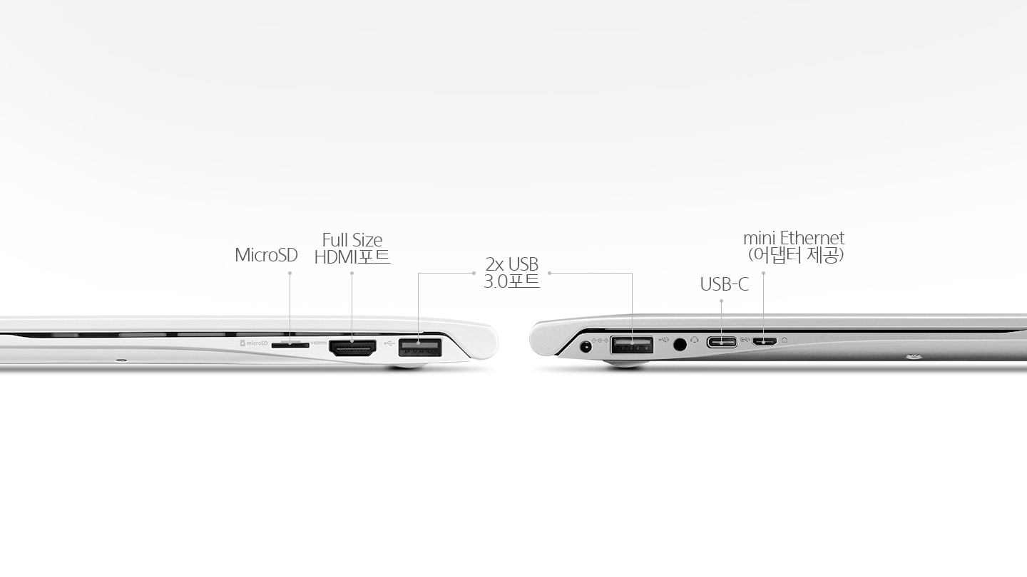 MicroSD, Full Size HDMI 포트, 2x USB 3.0 포트, USB-C, mini-Ethernet 문구와 노트북 측면 포트가 확장되어 보여집니다.