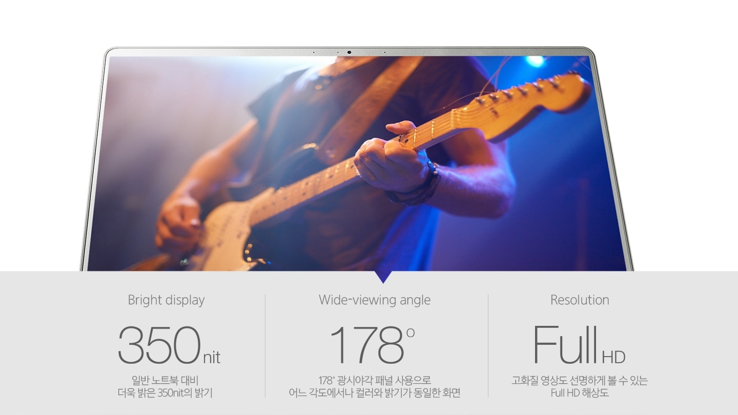 노트북 화면이 있고 아래에는 350 nit, 178도, full HD 문구가 있습니다.