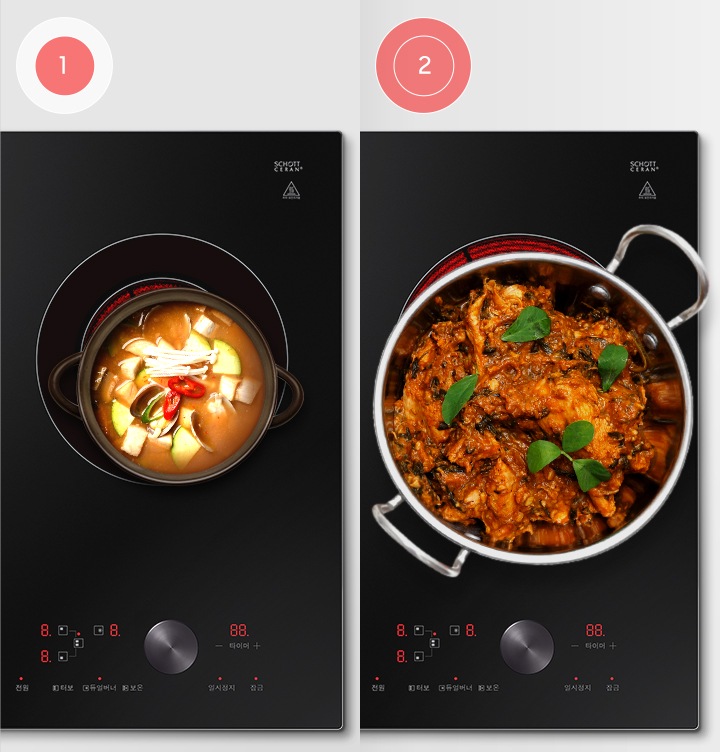 왼쪽에는 라디언트 안쪽 구에만 열이 들어온 모습의 아이콘과 아래 제품위에 작은 냄비가 올려져 음식이 조리되는 모습이 보여지고, 오른쪽에는 라디언트의 열선이 전부 들어온 모습의 아이콘과 아래 큰 냄비에 음식이 조리되고 있는 모습이 보여집니다.