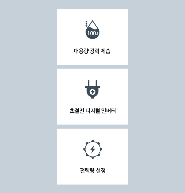 부가기능인 대용량 강력 제습,  초절전 디지털 인버터, 전력량 설정 아이콘을 보여주고 있습니다.