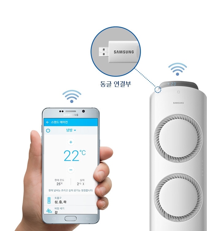 스마트홈 기능으로 스마트폰과 에어컨이 무선으로 연결되어 작동하는 모습을 보여주고 있습니다. 에어컨 좌측 상단 동글 연결부를 표시해 주고 있습니다.