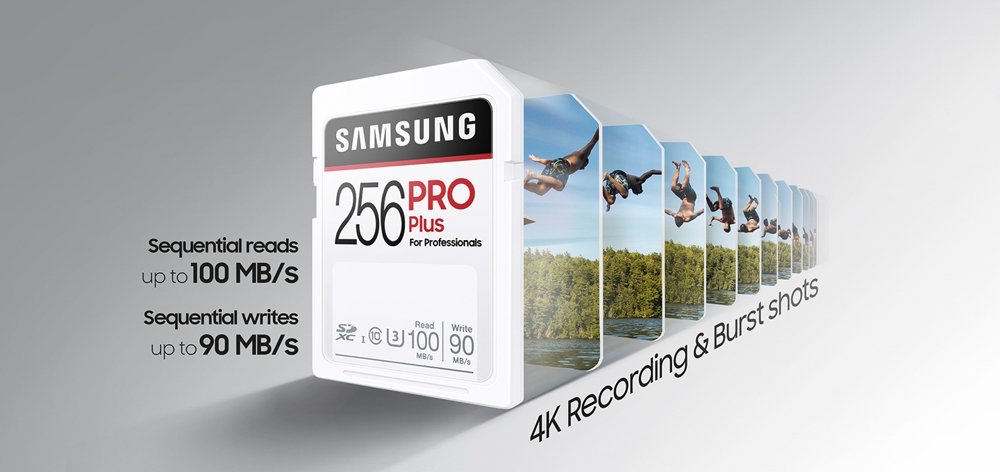 PRO Plus SD 메모리카드 256 GB 제품 정면이 노출 되고 있고, 그 뒤에는 4K 화질의 다이빙 하는 한 남성의 이미지가 나열 되어 있습니다. PRO Plus SD 메모리카드 좌측에 읽는 속도는 100 MB/s, 쓰는 속도는 90 MB/s가 적혀져 있습니다.