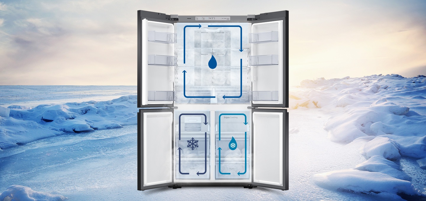 눈밭을 배경으로 상하칸 문이 열린 제품의 모습이 보여지고, 상칸과 하칸에 각각 트리플 독립냉각을 나타내는 인포그래픽이 보여집니다.